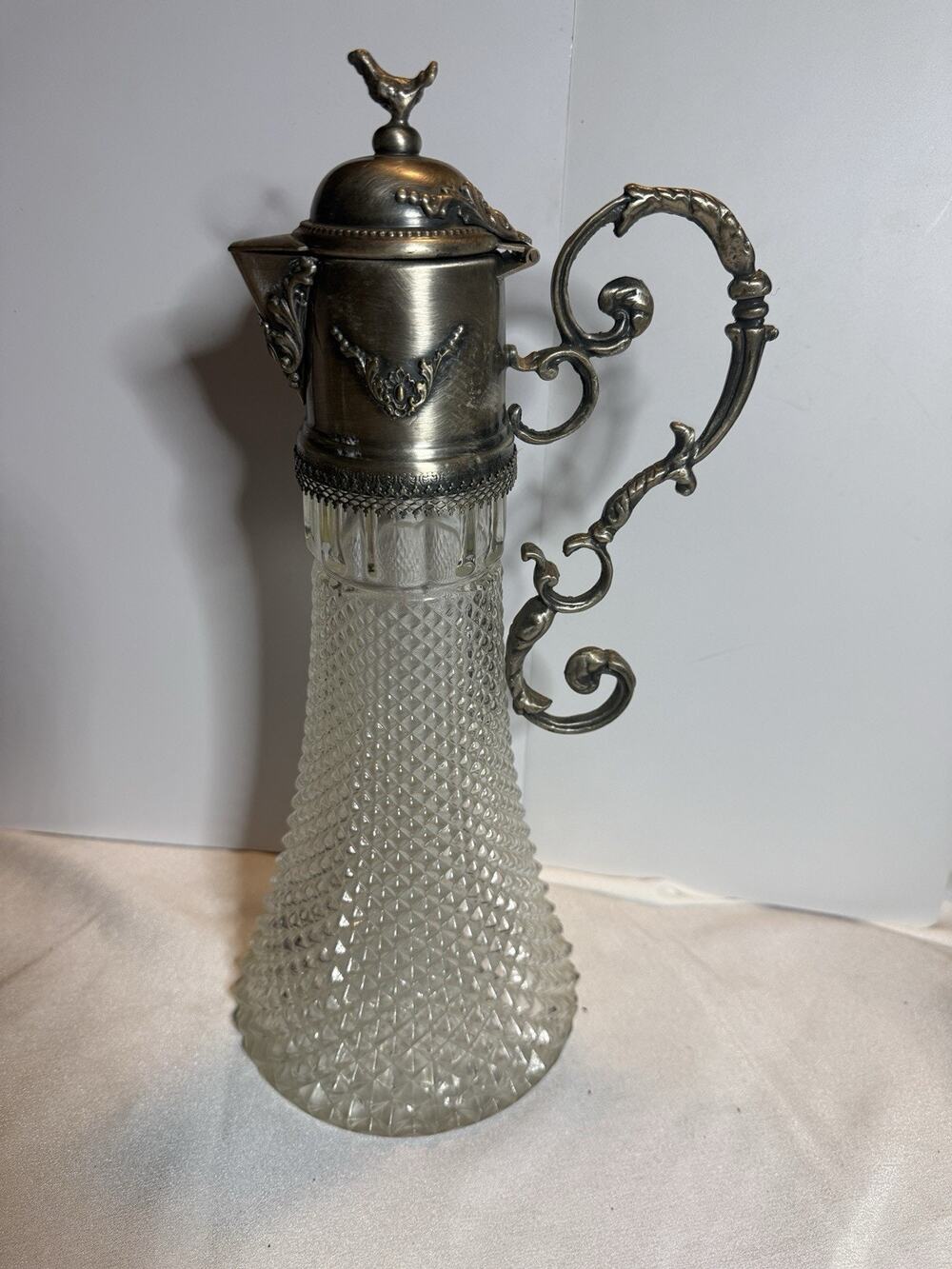 Vintage SACE Italy 24% Lead Crystal Claret Jug Wine Decanter 14” Silver Plate